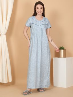 Sweet Dreams - Women Floral Print Full Length Night Dress Blue