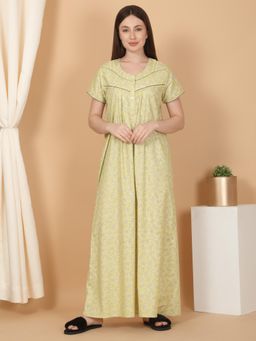 Sweet Dreams - Women Floral Print Full Length Night Dress Green