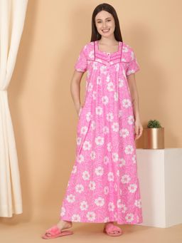 Sweet Dreams - Women Floral Print Full Length Night Dress Pink