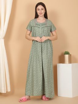 Sweet Dreams - Women Floral Print Full Length Night Dress Green