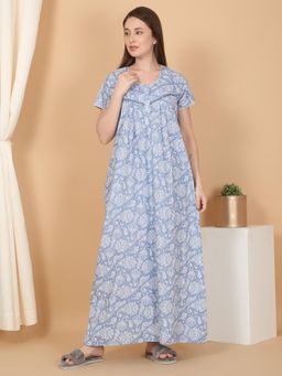 Sweet Dreams - Women Printed Full Length Night Dress Blue