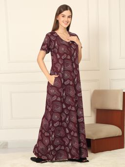 Sweet Dreams - Womens Abstract Printed Full Length Night Dress Maroon