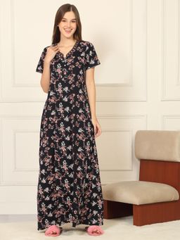 Sweet Dreams - Womens Floral Printed Full Length Night Dress Navy Blue