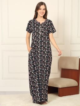 Sweet Dreams - Womens Floral Printed Full Length Night Dress Black