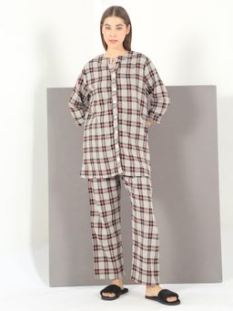 Sweet Dreams - Womens Checkered Front Open Nightsuit Grey