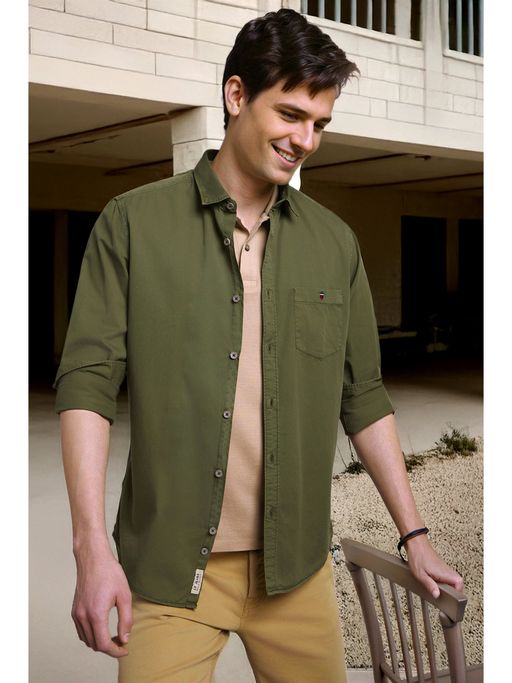 Louis Philippe Mens Soft Feel Over Dyed Solid Olive Slim fit Casual Shirt
