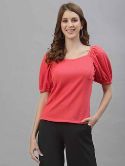 Style Quotient - Woman Coral Solid Sweetheart Neck Puff Sleeves Polyester Regular Top