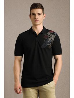 Louis Philippe - Men Black Graphic Print Collar Neck Polo T-Shirt