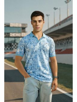 Louis Philippe - Men Light Blue Print Collar Neck Polo T-Shirt