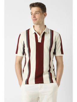 Peter England - Men Beige Stripe Collar Neck Polo T-Shirt