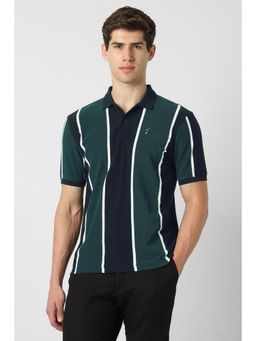 Peter England - Men Green Stripe Collar Neck Polo T-Shirt