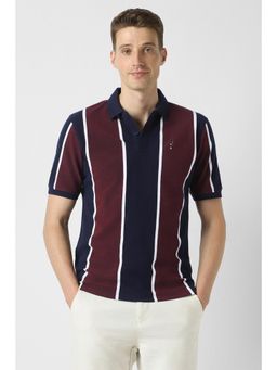 Peter England - Men Maroon Stripe Collar Neck Polo T-Shirt