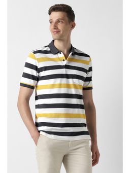 Peter England - Men White Stripe Collar Neck Polo T-Shirt