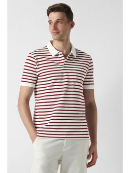 Peter England - Men White Stripe Collar Neck Polo T-Shirt