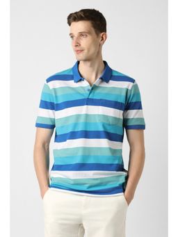 Peter England - Men Blue Stripe Collar Neck Polo T-Shirt
