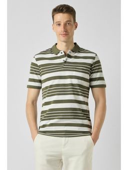 Peter England - Men Olive Stripe Collar Neck Polo T-Shirt