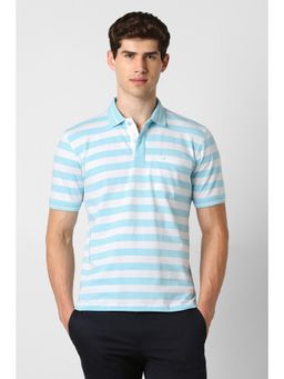Peter England - Men Light Blue Stripe Collar Neck Polo T-Shirt