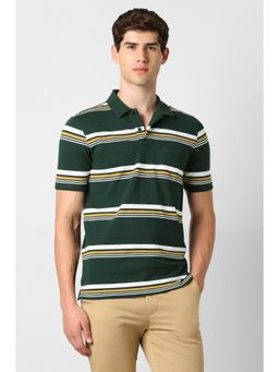 Peter England - Men Green Stripe Collar Neck Polo T-Shirt