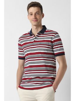 Peter England - Men White Stripe Collar Neck Polo T-Shirt