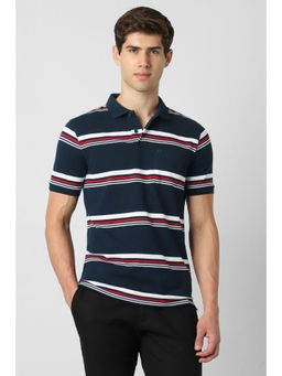 Peter England - Men Navy Stripe Collar Neck Polo T-Shirt