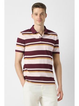 Peter England - Men Maroon Stripe Collar Neck Polo T-Shirt