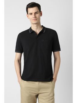 Peter England - Men Black Textured Collar Neck Polo T-Shirt