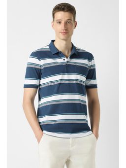 Peter England - Men Blue Stripe Collar Neck Polo T-Shirt