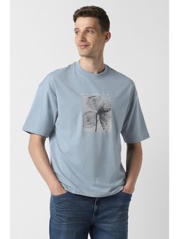 Peter England - Men Light Blue Graphic Print Round Neck T-Shirt