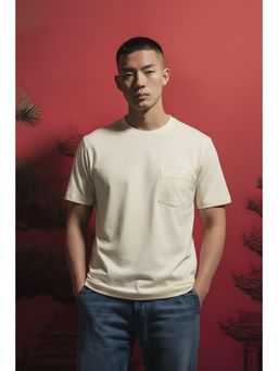 Peter England - Men Beige Embroidered Crew Neck T-Shirt