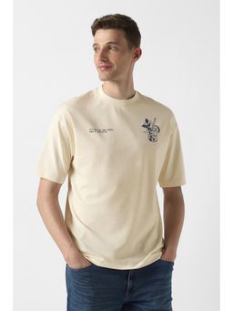 Peter England - Men Beige Graphic Print Crew Neck T-Shirt