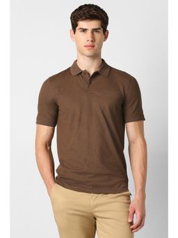 Peter England - Men Brown Textured Collar Neck Polo T-Shirt