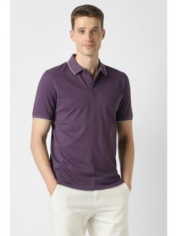 Peter England - Men Purple Textured Collar Neck Polo T-Shirt