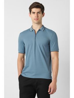 Peter England - Men Blue Textured Collar Neck Polo T-Shirt