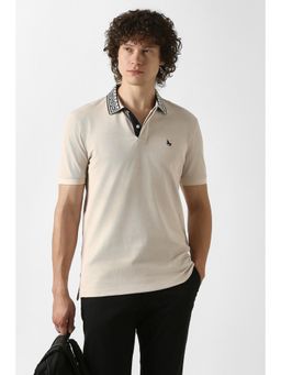 Van Heusen - Men Beige Textured Collar Neck Polo T-Shirt