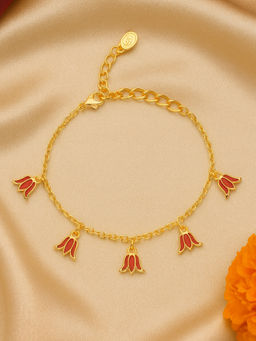 Estele - Adjustable Sophisticated Gold Finish Red Lotus Drop Charm Bracelet