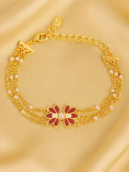 Estele - Adjustable Gold Plated Alluring Red Lotus Pearl Multi-Strand Bracelet