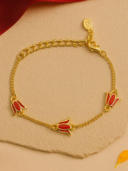 Estele - Adjustable Graceful Gold Finish Red Lotus Triple Charm Chain Bracelet