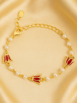 Estele - Adjustable Charming Gold Plated Red Lotus Pearl Chain Bracelet