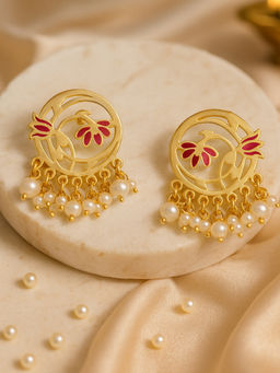 Estele - Classy Circular Red Lotus Pearl Drop Earrings