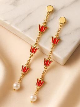 Estele - Chic Red Lotus Linear Pearl Dangler Earrings