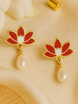 Estele - Fascinating Red Lotus Pearl Drop Earrings