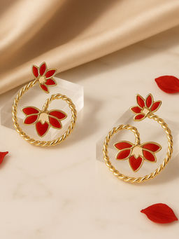 Estele - Captivating Gold Finish Red Lotus Spiral Drop Earrings