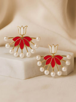 Estele - Fascinating Red Lotus Pearl Drop Earrings