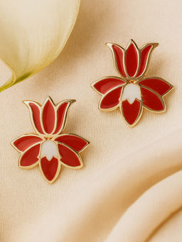 Estele - Chic Glossy Red Lotus Motif Stud Earrings