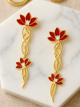 Estele - Captivating Gold Finish Red Lotus Vine Dangler Earrings