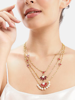 Estele - Stunning Gold Finish 3 Layer Red Lotus Pearl Necklace