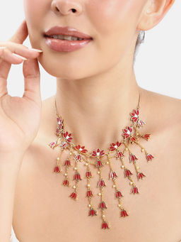 Estele - Graceful Gold Finish Red Lotus Drop Tassel Necklace