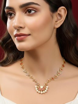 Estele - Stylish Gold Plated Red Lotus Necklace with Pearls
