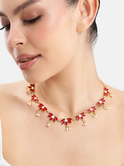 Estele - Elegant Gold Plated Red Lotus Necklace with Pearls