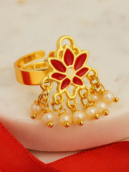 Estele - Adjustable Graceful Gold Plated Red Lotus Adjustable Ring with Pearls